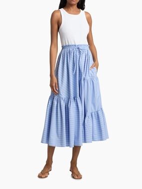 NWT size Medium- cinq a sept Blue and White Striped Tiered Midi Skirt